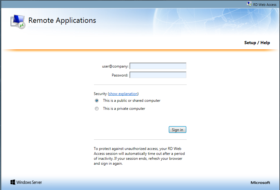 RDP Login Page